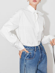 Buttoned Solid Color Long Sleeves Loose Mock Neck Blouses&shirts Tops