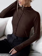 Solid Color Split-Joint Long Sleeves Skinny High Neck T-Shirts Tops