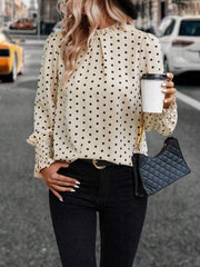 Elasticity Hollow Pleated Polka-Dot Long Sleeves Loose Mock Neck Blouses&Shirts Tops