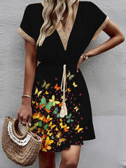 Butterfly Print Elasticity Hollow Split-Joint Tasseled Tied Waist A-line Loose V-neck Mini Dresses