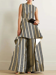 Split-Joint Striped High Waisted Loose Round-Neck Jumpsuits
