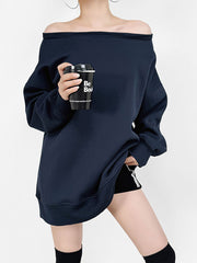 Solid Color Split-Joint Long Sleeves Loose Round-neck Sweatshirt Tops