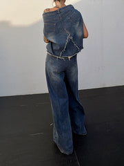 Buttoned Fringed Loose Sleeveless Belted Pockets Boat Neck Vest Top + Pants Bottom Two Pieces Set