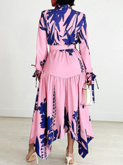 Lace-Up Pleated Printed Split-Joint Tied Waist Irregular clipping Long Sleeves Lapel Shirt Dress Maxi Dresses