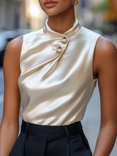 Buttoned Solid Color Sleeveless Stand Collar Tank Top