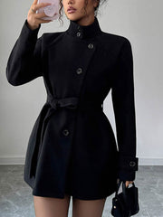 Elasticated Waist High Waisted Asymmetric Buttoned Solid Color Tied Waist Stand Collar Outerwear