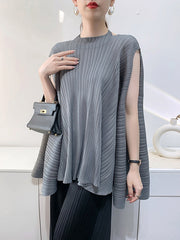 Pleated Solid Color Loose Sleeveless Halter-Neck T-Shirts Tops