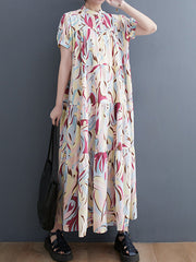 Original Loose Short Sleeves Buttoned Contrast Color Printed Stand Collar Midi Dresses