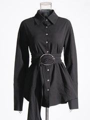 Belted Buttoned Long Sleeves Loose Lapel Shirt Dress Mini Dresses