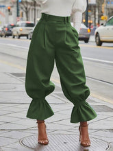 Pleated Pockets Ruffle Trim Solid Color High Waisted Pants