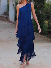 Asymmetric Solid Color Split-Joint Tasseled Loose Sleeveless One-Shoulder Maxi Dresses