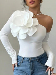 Solid Color Three-Dimensional Flower Long Sleeves Skinny One-Shoulder T-Shirts Tops