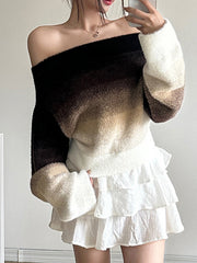 Gradient Split-Joint Velvet Long Sleeves Loose Off-The-Shoulder Sweater Tops