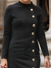 Buttoned Solid Color Split-front Long Sleeves Stand Collar Maxi Dresses