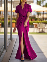 Solid Color Split-Front Tied Waist Bodycon Short Sleeves V-Neck Maxi Dresses