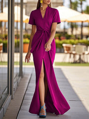 Solid Color Split-Front Tied Waist Bodycon Short Sleeves V-Neck Maxi Dresses