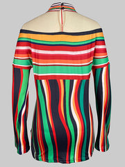 Contrast Color Striped Long Sleeves Loose Halter-Neck T-Shirts Tops
