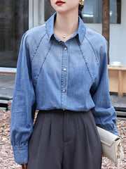 Buttoned Pleated Split-Joint Long Sleeves Loose Lapel Blouses&Shirts Tops
