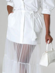 Gauze Pleated See-Through Solid Color Split-Joint Tied Waist Puff Sleeves Lapel Maxi Dresses