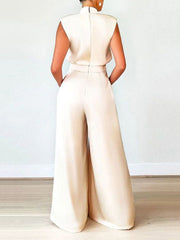 Casual Wide Leg Sleeveless Solid Color High-Neck Jumpsuits