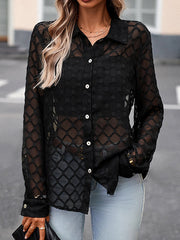 Buttoned Jacquard Mesh See-Through Long Sleeves Loose Lapel Blouses&Shirts Tops