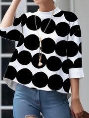 Polka-Dot Loose Three-Quarter Sleeves Stand Collar T-Shirts Tops