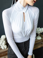 Hollow Pleated Solid Color Long Sleeves Plus Size Mock Neck T-Shirts Tops