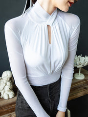 Hollow Pleated Solid Color Long Sleeves Plus Size Mock Neck T-Shirts Tops