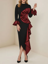 Bodycon Flared Sleeves Asymmetric Contrast Color Ruffled Zipper Stand Collar Midi Dresses