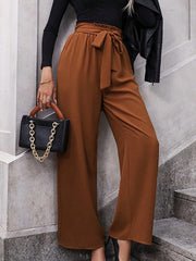 Elasticity Solid Color Tied Waist High Waisted Loose Trousers Pants