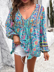 Contrast Color Elasticity Pleated Split-Joint Tied Long Sleeves Loose V-neck Blouses&shirts Tops