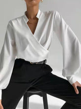 Urban Solid Color Puff Sleeve V-Neck Blouse Top