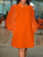 Beads Mesh Solid Color Split-Joint Puff Sleeves Round-neck Midi Dresses