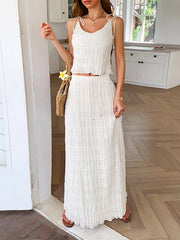 Pleated Loose Sleeveless Solid Color Spaghetti-Neck Vest Top + Drawstring Skirts Bottom Two Pieces Set