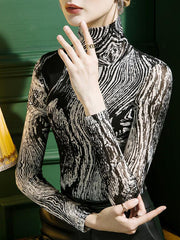 Printed Long Sleeves Skinny High-Neck T-Shirts