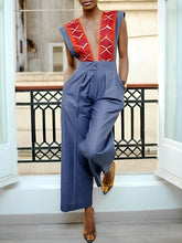 High Waisted Sleeveless Contrast Color Pleated Pockets Zipper Deep V-Neck Jumpsuits