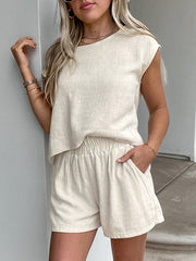 Round-Neck Loose Sleeveless Solid Color Split-Joint Vest Top + Elasticity Shorts Bottom Two Pieces Set