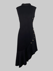Asymmetric Buttoned Ruffle Trim Solid Color Loose Sleeveless Mock Neck Midi Dresses