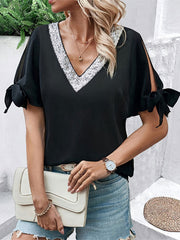 Hollow Sequined Split-Joint Tied Loose Short Sleeves V-Neck T-Shirts Tops