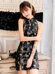 Original Floral Printed Stand Collar Sleeveless Short Cheongsams