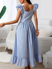 Buttoned Pleated Ruffle Trim Striped A-Line Loose Square-Neck Maxi Dresses