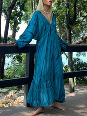 Loose Raglan Sleeve Printed Split-Joint V-Neck Maxi Dresses