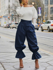 Pleated Pockets Ruffle Trim Solid Color High Waisted Pants