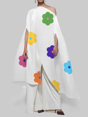 Asymmetric Flower Print Split-front Batwing Sleeves High-low One-shoulder Blouses&shirts Tops
