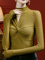 Hollow Knot Polka-Dot Rhine Stones Split-Joint Long Sleeves Plus Size Mock Neck T-Shirts Tops