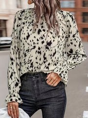 Elasticity Pleated Printed Flared Sleeves Long Sleeves Mock Neck Blouses&Shirts Tops