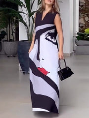 Figure Printed Loose Sleeveless V-neck Maxi Dresses