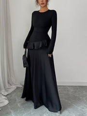 Ruffle Trim Solid Color Split-Joint A-Line High Waisted Round-Neck Maxi Dresses