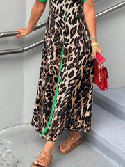 Buttoned Contrast Color Leopard Loose Short Sleeves Lapel Shirt Dress Maxi Dresses