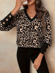 Buttoned Leopard Long Sleeves Loose V-Neck T-Shirts Tops